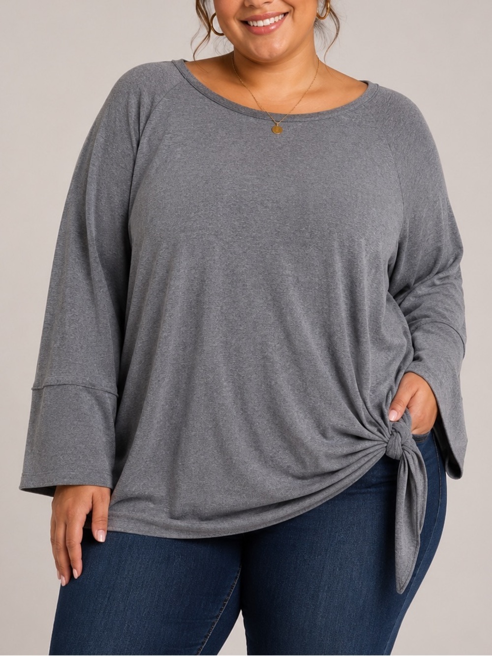 Plus-Size Grey Long Sleeve Tie-Hem Blouse LARGE